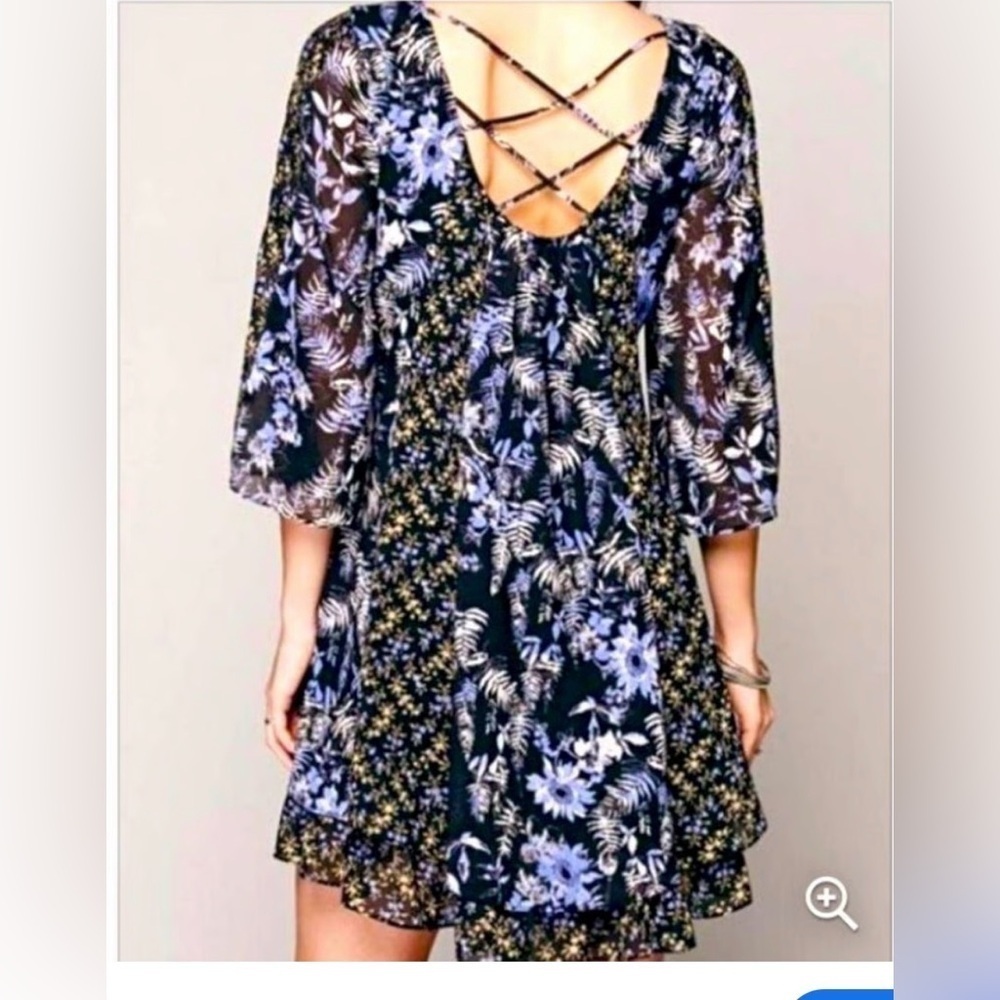 Free People Mini Dress Tegan Floral Sz S  Bell Sleeves Boho Crochet Babydoll 90s